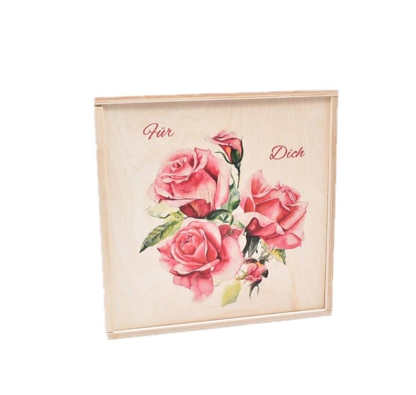 Geschenkbox "Rosen für Dich" aus Holz verzierten Holz-Schiebedeckel Innen = 240 x 240 x 90 mm 