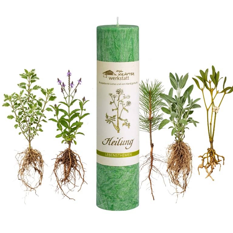 Allgäuer Heilkräuterkerze zum Thema Heilung in unserem Kerzen Online Shop kaufen. Als Geschenk für Sie oder Ihn. 100% Vegane Kerze. Hergestellt aus Olivenöl.