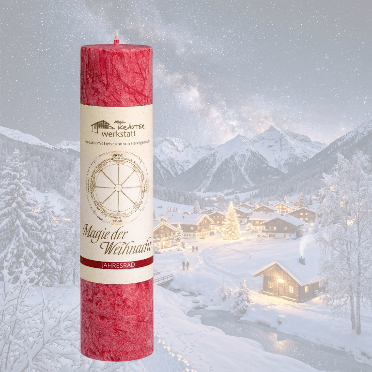 Allgäuer Heilkräuterkerze zum Thema Magie der Weihnacht in unserem Kerzen Online Shop kaufen. Als Geschenk für Sie oder Ihn. 100% Vegane Kerze. Hergestellt aus Olivenöl.