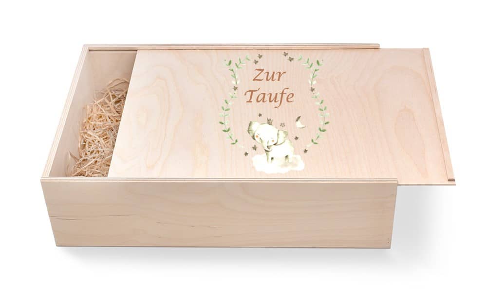Geschenkbox aus Holz zur Taufe oder Geburt. Motiv: Elefant. Geschenkbox günstig in unserem Onlineshop kaufen. Personalisierte Geschenke online kaufen