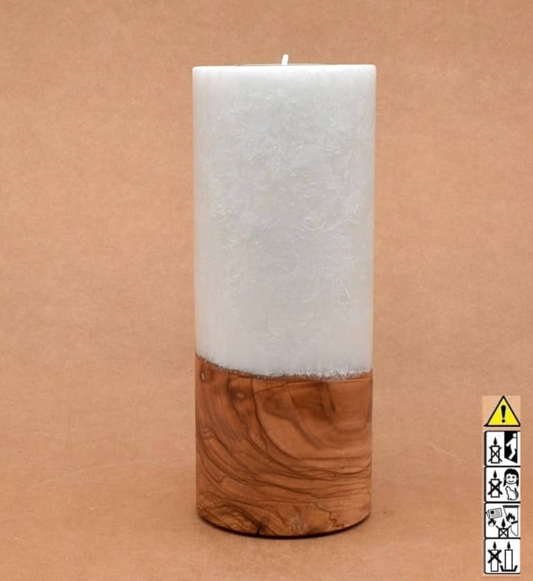 Kerze 80x200mm mit Holzelement, Individuelle, persönliche Hochzeitskerze  Holzkerze, Rund Stearinoptik, Hochzeitskerze mit Teelicht im Kerzen online Shop für Hochzeiten bestellen, günstig kaufen.