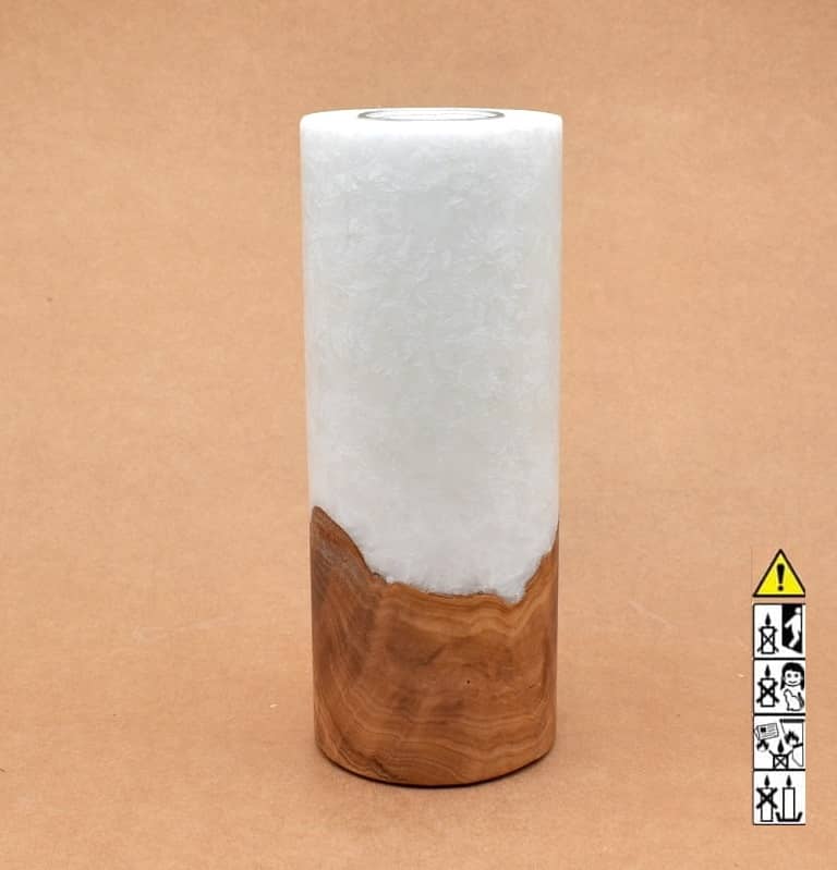 Kerze 80x200mm mit Holzelement, Individuelle, persönliche Hochzeitskerze  Holzkerze, Rund Stearinoptik, Hochzeitskerze mit Teelicht im Kerzen online Shop für Hochzeiten bestellen, günstig kaufen.