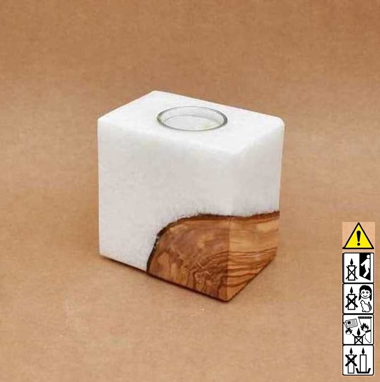 Kerze mit Holz Quader Stearin Teelicht Kerze mit Holzeinsatz mit einem Teelicht, Quader 70x100x100mm jede Kerze ein unikat