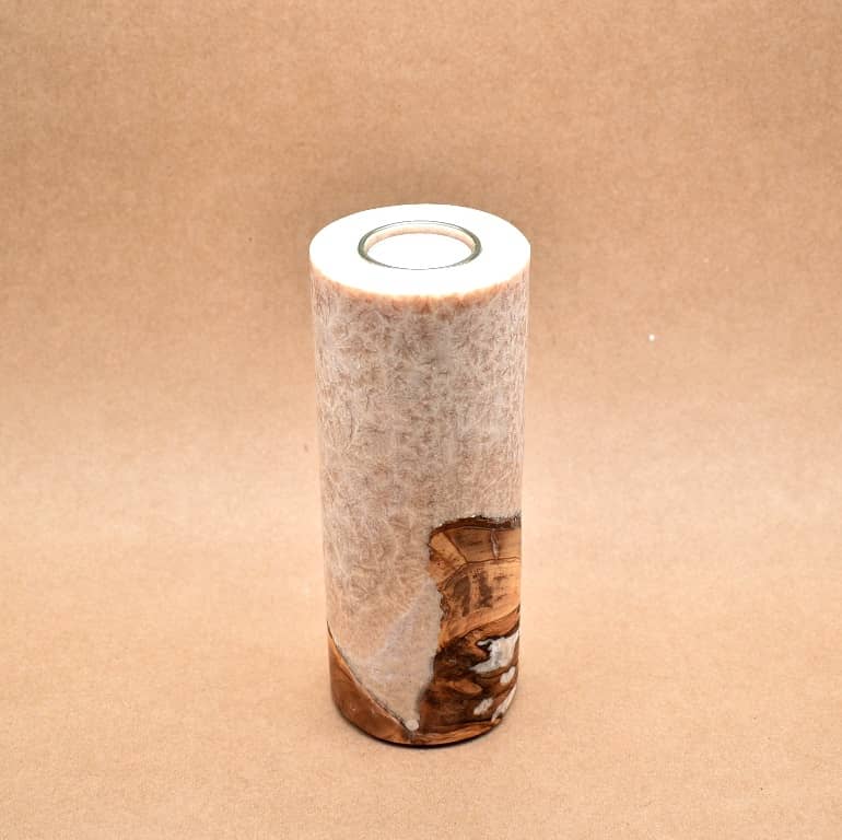 Kerze mit Holz Unikat Rund 80 x 200 mm in beige Nr.2