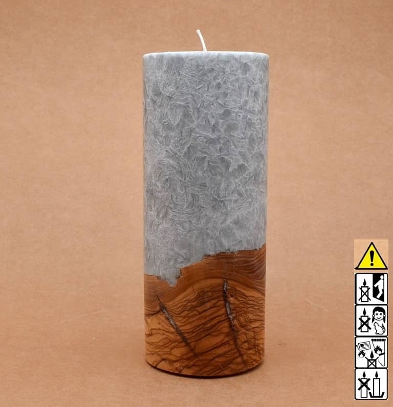 Kerze mit Holz Unikat Rund 80 x 200 mm mit Docht in silbergrau Nr.: 4