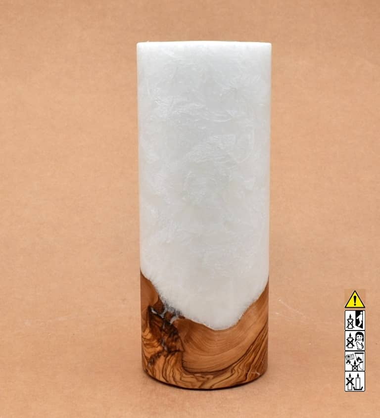 Kerze 80x200mm mit Holzelement, Individuelle, persönliche Hochzeitskerze  Holzkerze, Rund Stearinoptik, Hochzeitskerze mit Teelicht im Kerzen online Shop für Hochzeiten bestellen, günstig kaufen.