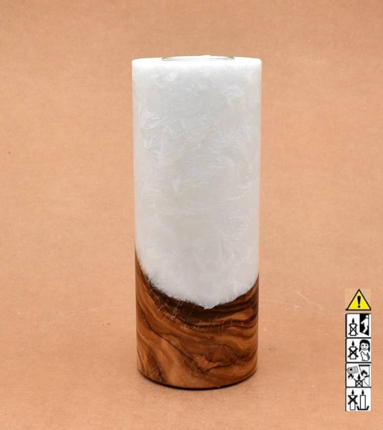 Kerze 80x200mm mit Holzelement, Individuelle, persönliche Hochzeitskerze  Holzkerze, Rund Stearinoptik, Hochzeitskerze mit Teelicht im Kerzen online Shop für Hochzeiten bestellen, günstig kaufen.