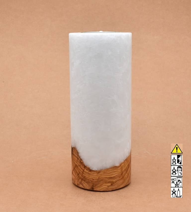 Kerze 80x200mm mit Holzelement, Individuelle, persönliche Hochzeitskerze  Holzkerze, Rund Stearinoptik, Hochzeitskerze mit Teelicht im Kerzen online Shop für Hochzeiten bestellen, günstig kaufen.