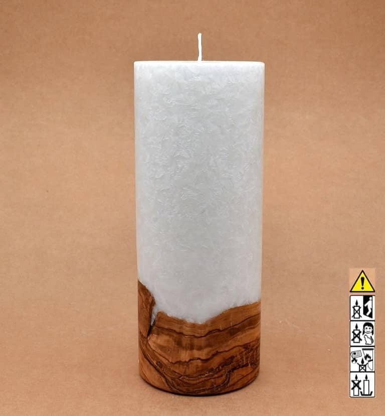 Kerze 100x250mm mit Holzelement, Individuelle, persönliche Hochzeitskerze  Holzkerze, Rund Stearinoptik, Hochzeitskerze mit Teelicht im Kerzen online Shop für Hochzeiten bestellen, günstig kaufen.