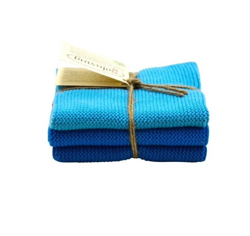 Solwang Wischtuch 3er Set 25 x 25 cm Baumwolle gestrickt. Ozeanblau Kombi BIO
